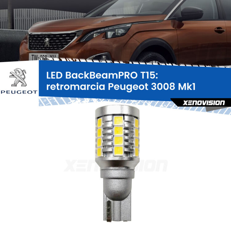 0 Retromarcia LED T15 BackBeamPRO per Peugeot 3008 Mk1 restyling <strong>Luce retromarcia LED per Peugeot 3008</strong> Mk1 restyling. Una lampadina <b>T15</b> esageratamente spinta: 15W di potenza, 20 volte più luce delle originali.