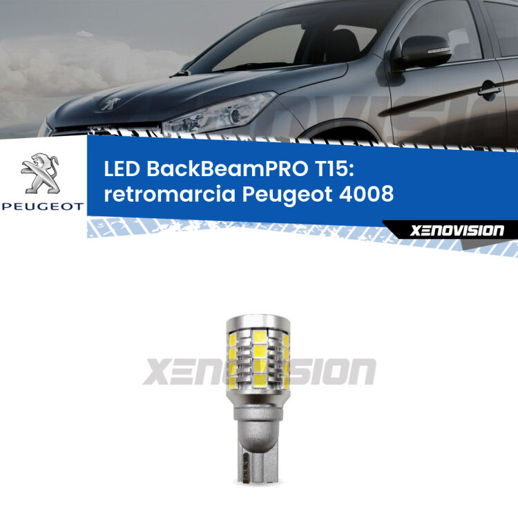 <strong>Luce retromarcia LED per Peugeot 4008</strong>  2012 in poi. Lampadina <b>T15</b> esageratamente spinta: 15W di potenza, 20 volte più luce delle originali.
