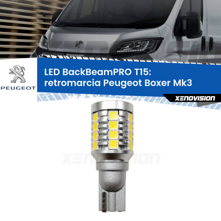 0 Retromarcia LED T15 BackBeamPRO per Peugeot Boxer Mk3 2014 in poi <strong>Luce retromarcia LED per Peugeot Boxer</strong> Mk3 2014 in poi. Una lampadina <b>T15</b> esageratamente spinta: 15W di potenza, 20 volte più luce delle originali.
