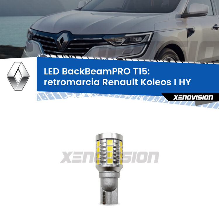 <strong>Luce retromarcia LED per Renault Koleos I</strong> HY 2006 - 2015. Lampadina <b>T15</b> esageratamente spinta: 15W di potenza, 20 volte più luce delle originali.