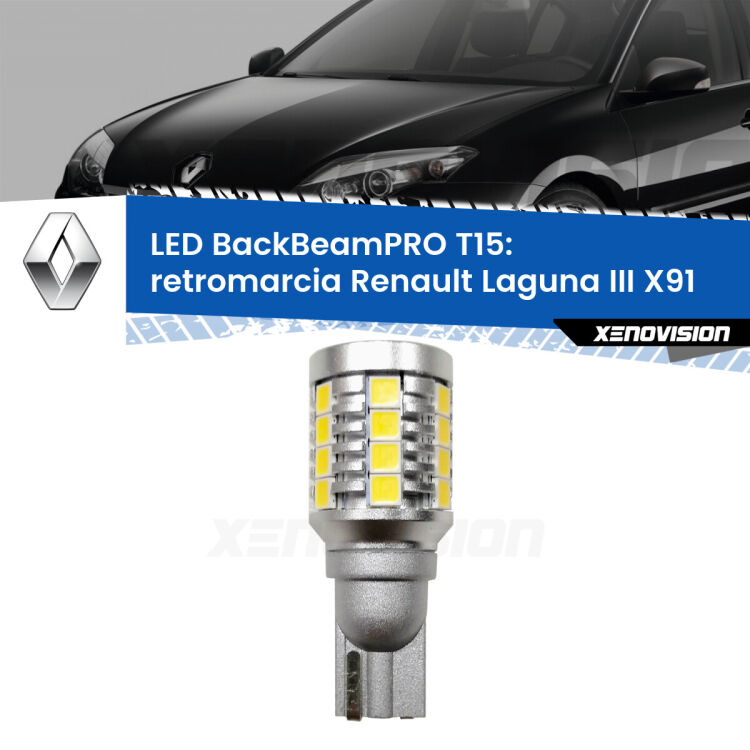 0 Retromarcia LED T15 BackBeamPRO per Renault Laguna III X91 2007 - 2015 <strong>Luce retromarcia LED per Renault Laguna III</strong> X91 2007 - 2015. Una lampadina <b>T15</b> esageratamente spinta: 15W di potenza, 20 volte più luce delle originali.