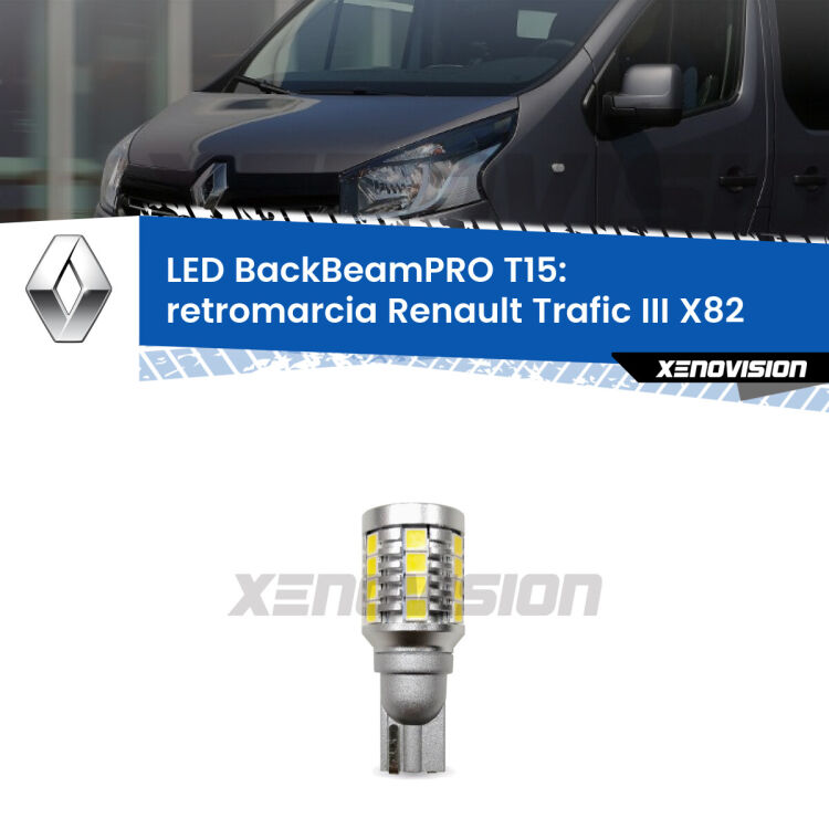 <strong>Luce retromarcia LED per Renault Trafic III</strong> X82 2014 in poi. Lampadina <b>T15</b> esageratamente spinta: 15W di potenza, 20 volte più luce delle originali.