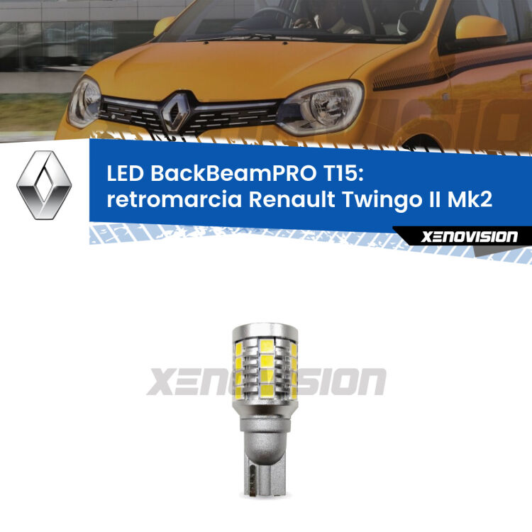 <strong>Luce retromarcia LED per Renault Twingo II</strong> Mk2 2012 - 2013. Lampadina <b>T15</b> esageratamente spinta: 15W di potenza, 20 volte più luce delle originali.