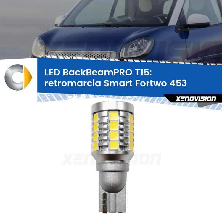 0 Retromarcia LED T15 BackBeamPRO per Smart Fortwo 453 2014 in poi <strong>Luce retromarcia LED per Smart Fortwo</strong> 453 2014 in poi. Una lampadina <b>T15</b> esageratamente spinta: 15W di potenza, 20 volte più luce delle originali.