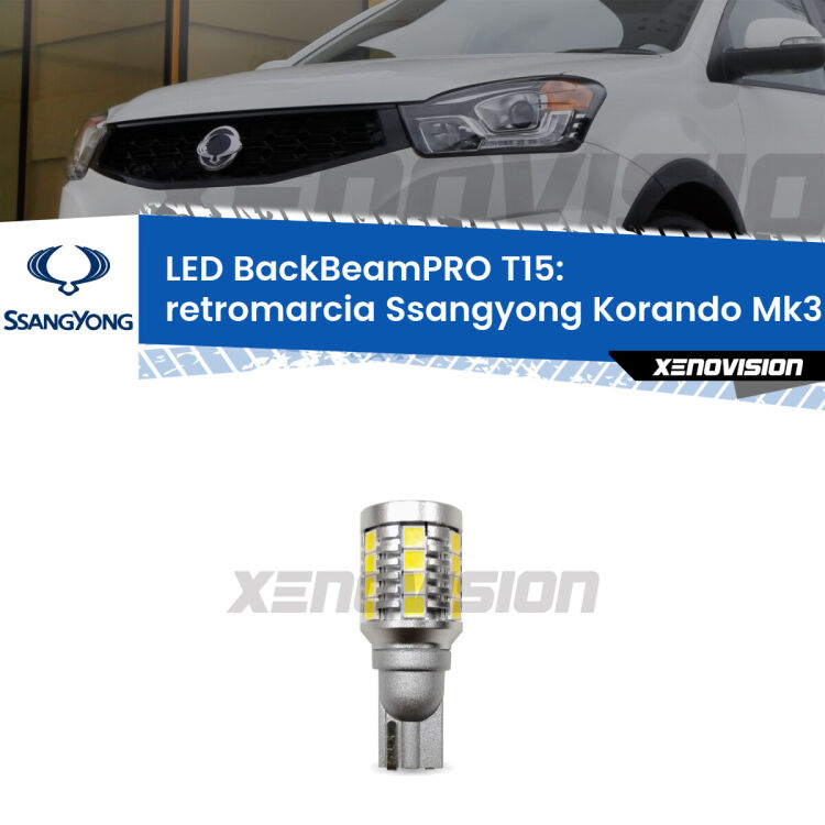 <strong>Luce retromarcia LED per Ssangyong Korando</strong> Mk3 2013 - 2019. Lampadina <b>T15</b> esageratamente spinta: 15W di potenza, 20 volte più luce delle originali.