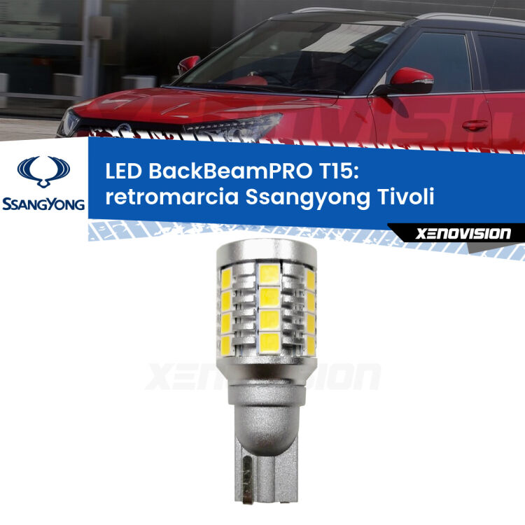 0 Retromarcia LED T15 BackBeamPRO per Ssangyong Tivoli  2015 in poi <strong>Luce retromarcia LED per Ssangyong Tivoli</strong>  2015 in poi. Una lampadina <b>T15</b> esageratamente spinta: 15W di potenza, 20 volte più luce delle originali.