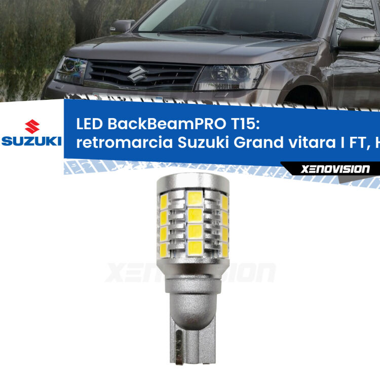 Retromarcia LED T15 BackBeamPRO per Suzuki Grand vitara I FT, HT 1998 - 2006 <strong>Luce retromarcia LED per Suzuki Grand vitara I</strong> FT, HT 1998 - 2006. Una lampadina <b>T15</b> esageratamente spinta: 15W di potenza, 20 volte più luce delle originali.