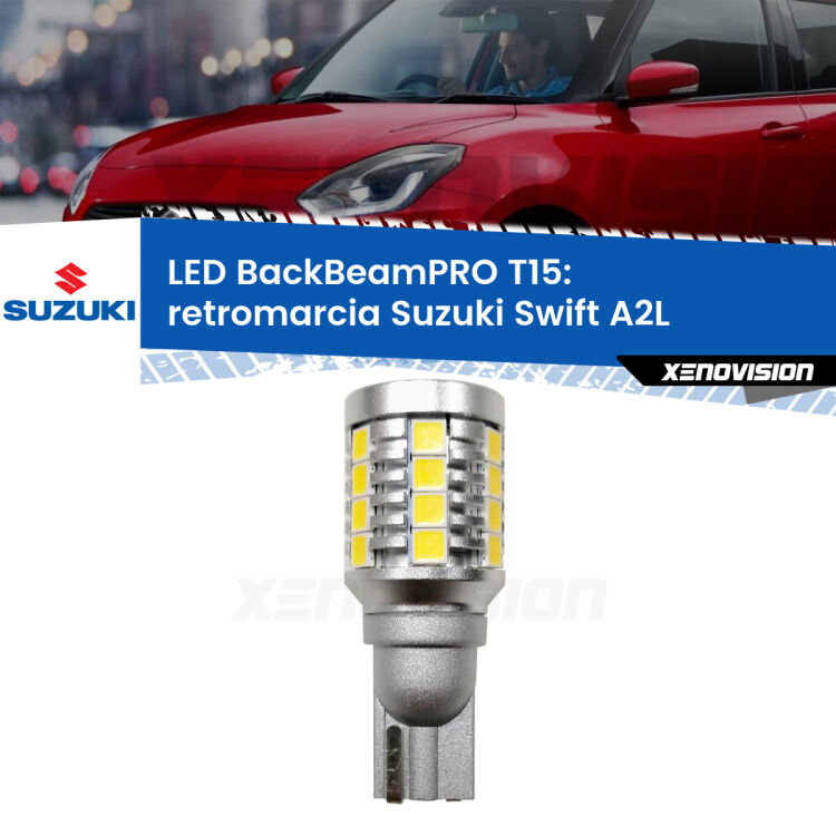 0 Retromarcia LED T15 BackBeamPRO per Suzuki Swift A2L 2017 in poi <strong>Luce retromarcia LED per Suzuki Swift</strong> A2L 2017 in poi. Una lampadina <b>T15</b> esageratamente spinta: 15W di potenza, 20 volte più luce delle originali.