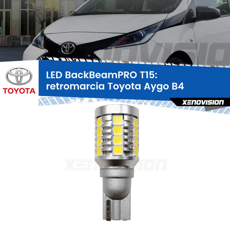 0 Retromarcia LED T15 BackBeamPRO per Toyota Aygo B4 2018 in poi <strong>Luce retromarcia LED per Toyota Aygo</strong> B4 2018 in poi. Una lampadina <b>T15</b> esageratamente spinta: 15W di potenza, 20 volte più luce delle originali.