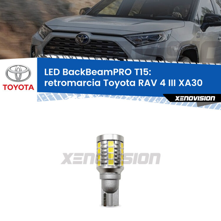 <strong>Luce retromarcia LED per Toyota RAV 4 III</strong> XA30 2005 - 2014. Lampadina <b>T15</b> esageratamente spinta: 15W di potenza, 20 volte più luce delle originali.