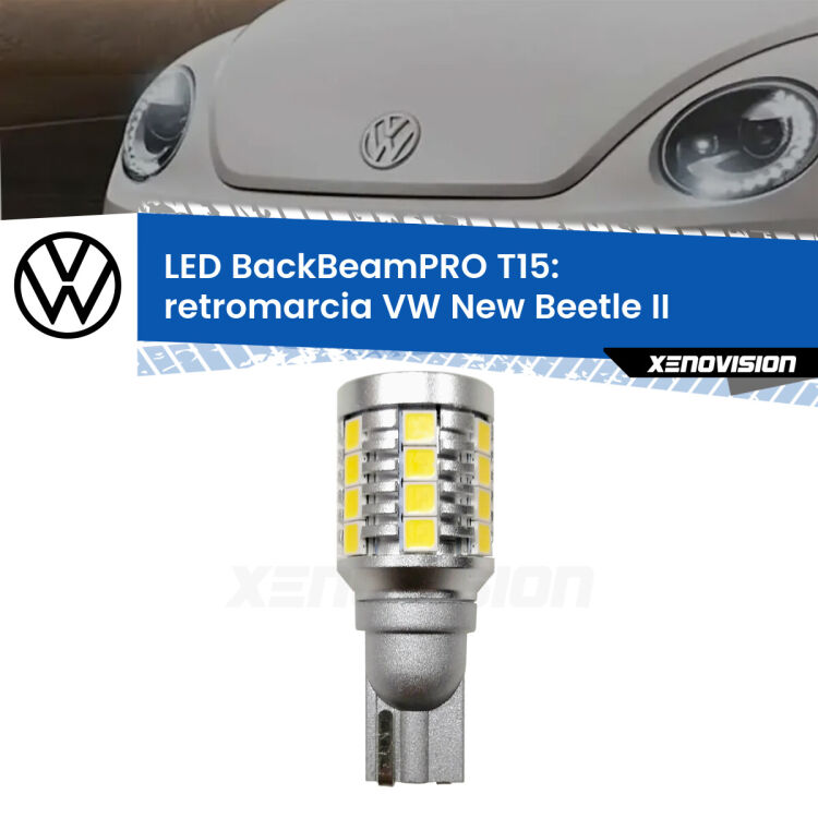 0 Retromarcia LED T15 BackBeamPRO per VW New Beetle II 2011 - 2019 <strong>Luce retromarcia LED per VW New Beetle</strong> II 2011 - 2019. Una lampadina <b>T15</b> esageratamente spinta: 15W di potenza, 20 volte più luce delle originali.