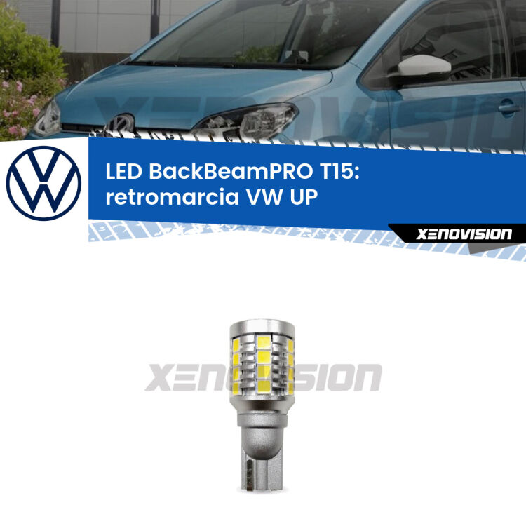 <strong>Luce retromarcia LED per VW UP</strong>  2017 in poi. Lampadina <b>T15</b> esageratamente spinta: 15W di potenza, 20 volte più luce delle originali.