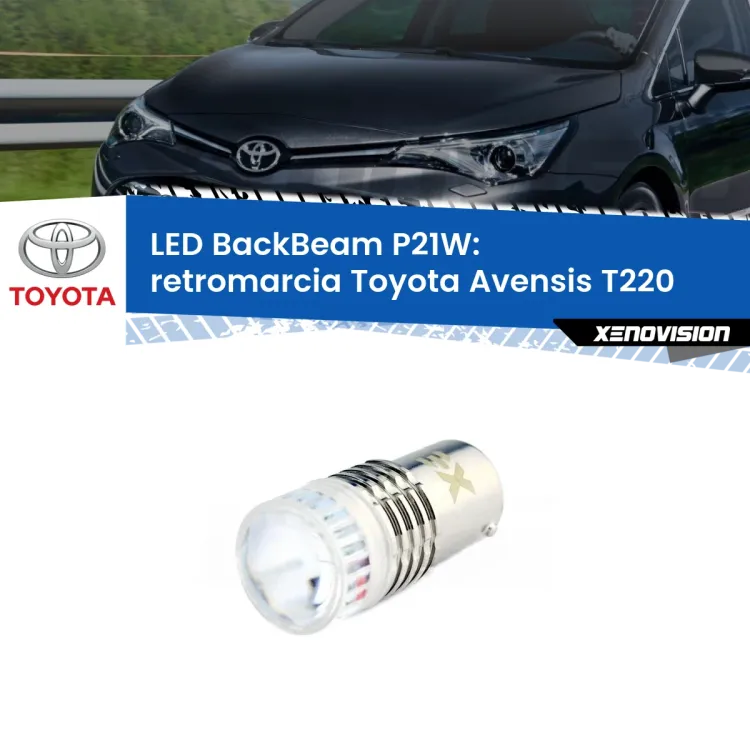 0 Retromarcia LED Toyota Avensis T220 1997 - 2003: P21W BackBeam <strong>Retromarcia LED per Toyota Avensis</strong> T220 1997 - 2003. Lampada <strong>P21W</strong> canbus. Illumina a giorno con questo straordinario cannone LED a luminosità estrema.