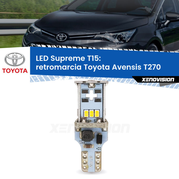 0 Retromarcia LED Toyota Avensis T270 2015 - 2018: T15 Supreme <strong>LED retromarcia per Toyota Avensis</strong> T270 2015 - 2018. 15 Chip CREE 3535, sviluppa un'incredibile potenza. Qualità Massima. Oltre 6W reali di pura potenza.