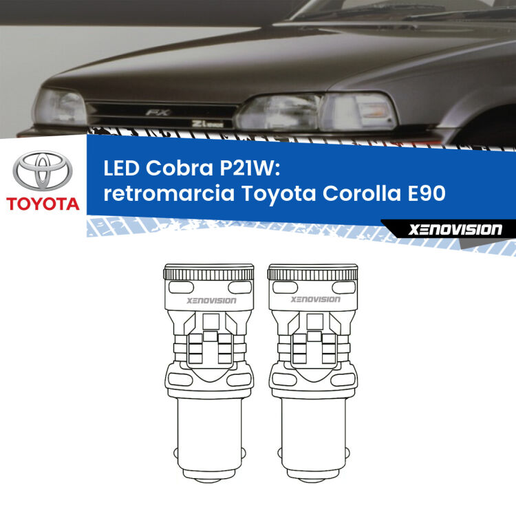 0 Retromarcia LED Toyota Corolla E90 1987 - 1993: P21W Cobra <strong>Retromarcia LED no-spie per Toyota Corolla</strong> E90 1987 - 1993. Coppia lampade <strong>P21W</strong> modello Cobra super-canbus, raffreddate a ventola.