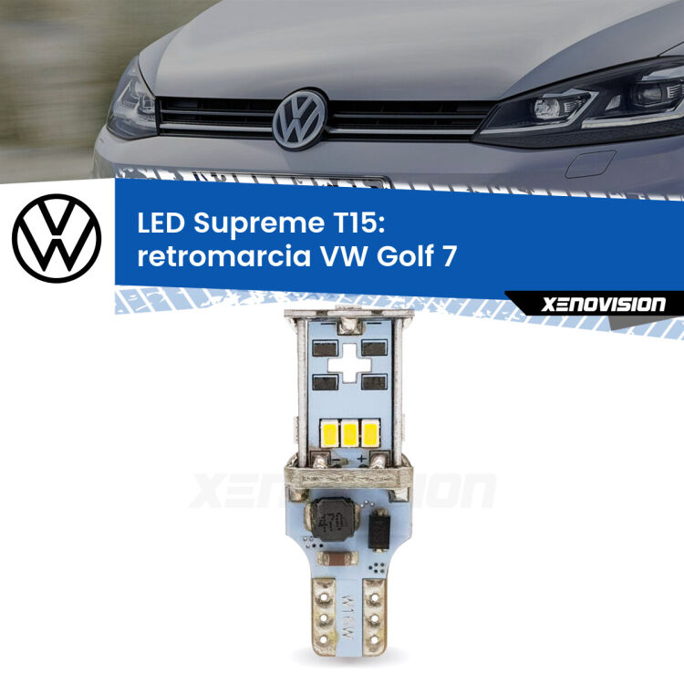 0 Retromarcia LED VW Golf 7 prima serie: T15 Supreme <strong>LED retromarcia per VW Golf 7</strong> prima serie. 15 Chip CREE 3535, sviluppa un'incredibile potenza. Qualità Massima. Oltre 6W reali di pura potenza.