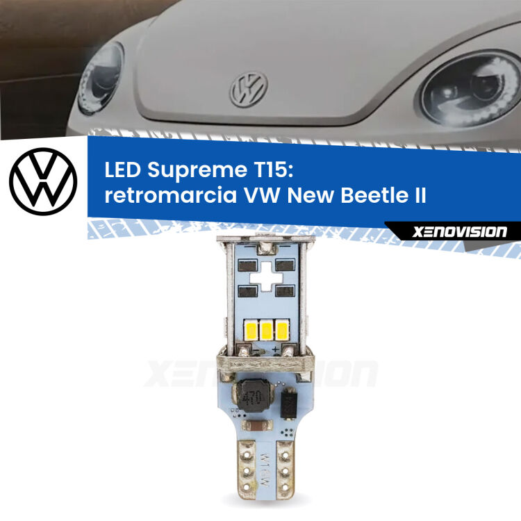 0 Retromarcia LED VW New Beetle II 2011 - 2019: T15 Supreme <strong>LED retromarcia per VW New Beetle</strong> II 2011 - 2019. 15 Chip CREE 3535, sviluppa un'incredibile potenza. Qualità Massima. Oltre 6W reali di pura potenza.