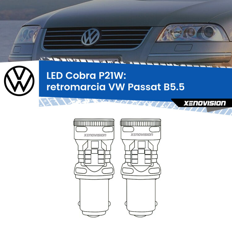 0 Retromarcia LED VW Passat B5.5 2000 - 2005: P21W Cobra <strong>Retromarcia LED no-spie per VW Passat</strong> B5.5 2000 - 2005. Coppia lampade <strong>P21W</strong> modello Cobra super-canbus, raffreddate a ventola.
