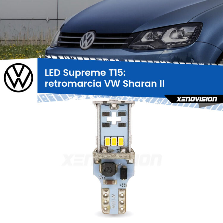 0 Retromarcia LED VW Sharan II 2010 - 2019: T15 Supreme <strong>LED retromarcia per VW Sharan</strong> II 2010 - 2019. 15 Chip CREE 3535, sviluppa un'incredibile potenza. Qualità Massima. Oltre 6W reali di pura potenza.
