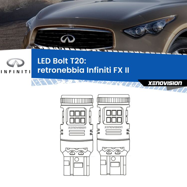 0 Retronebbia LED Infiniti FX II 2008 - 2013: T20 Bolt <strong>Retronebbia LED per Infiniti FX</strong> II 2008 - 2013. Coppia lampade <strong>T20</strong> modello Bolt canbus.