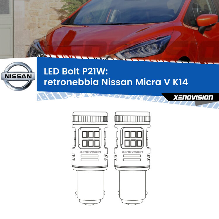 0 Retronebbia LED Nissan Micra V K14 2016 in poi: P21W Bolt <strong>Retronebbia LED per Nissan Micra V</strong> K14 2016 in poi. Coppia lampade <strong>P21W</strong> modello Bolt canbus.