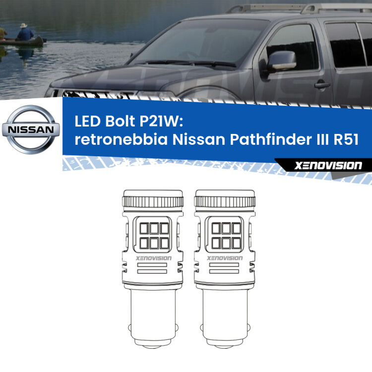 0 Retronebbia LED Nissan Pathfinder III R51 2005 - 2011: P21W Bolt <strong>Retronebbia LED per Nissan Pathfinder III</strong> R51 2005 - 2011. Coppia lampade <strong>P21W</strong> modello Bolt canbus.