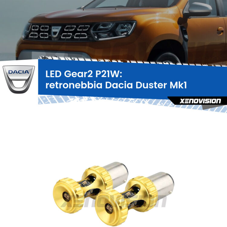 <strong>Retronebbia LED per Dacia Duster</strong> Mk1 2010 - 2016. Coppia lampade <strong>P21W</strong> super canbus Rosse modello Gear2.