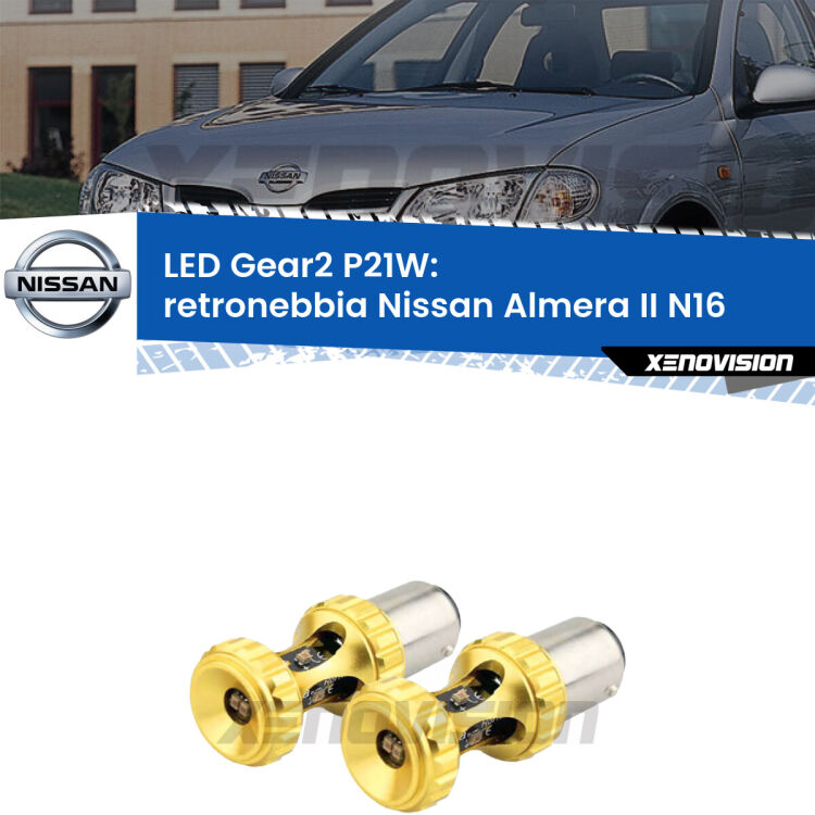 <strong>Retronebbia LED per Nissan Almera II</strong> N16 2000 - 2006. Coppia lampade <strong>P21W</strong> super canbus Rosse modello Gear2.