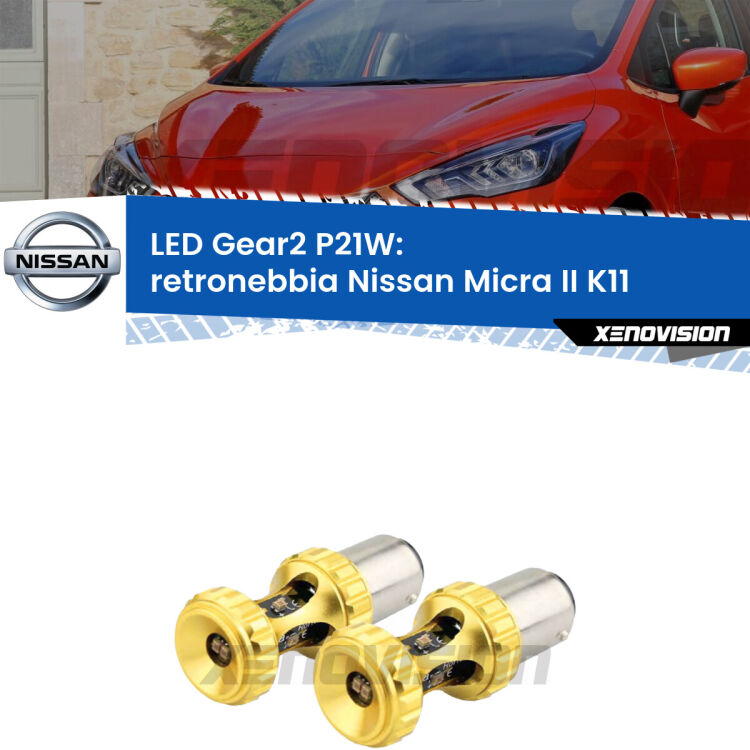 <strong>Retronebbia LED per Nissan Micra II</strong> K11 1992 - 2003. Coppia lampade <strong>P21W</strong> super canbus Rosse modello Gear2.