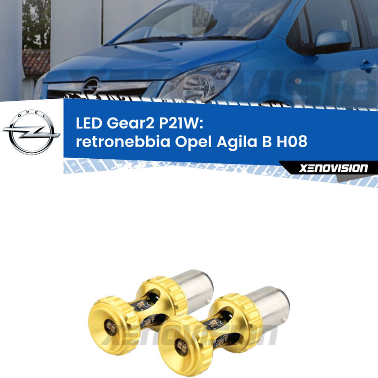<strong>Retronebbia LED per Opel Agila B</strong> H08 2008 - 2014. Coppia lampade <strong>P21W</strong> super canbus Rosse modello Gear2.