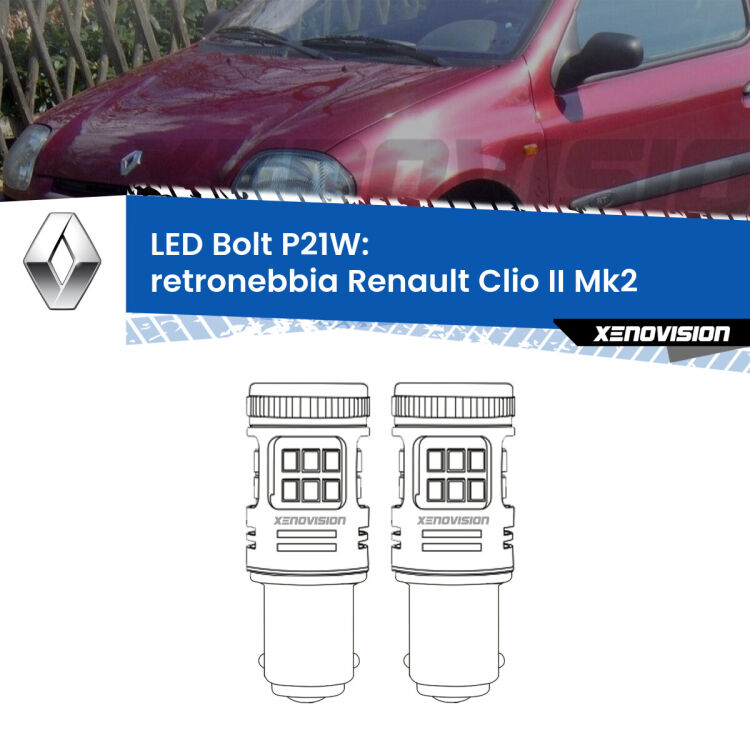 0 Retronebbia LED Renault Clio II Mk2 1998 - 2004: P21W Bolt <strong>Retronebbia LED per Renault Clio II</strong> Mk2 1998 - 2004. Coppia lampade <strong>P21W</strong> modello Bolt canbus.