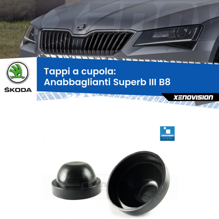 <strong>Tappi coprifaro a cupola morbidì</strong> per Anabbaglianti Skoda Superb III: indispensabili per evitare il soffocamento ventole e fulminazione del kit LED. Gomma di altissima qualità.