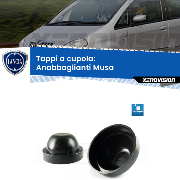 0 Tappi a cupola per Anabbaglianti H7 Lancia Musa 2008 - 2012 (Coppia) <strong>Tappi coprifaro a cupola</strong> per Anabbaglianti Lancia Musa: indispensabili per kit LED a ventola. Evitano il soffocamento ventole e fulminazione del kit LED.
