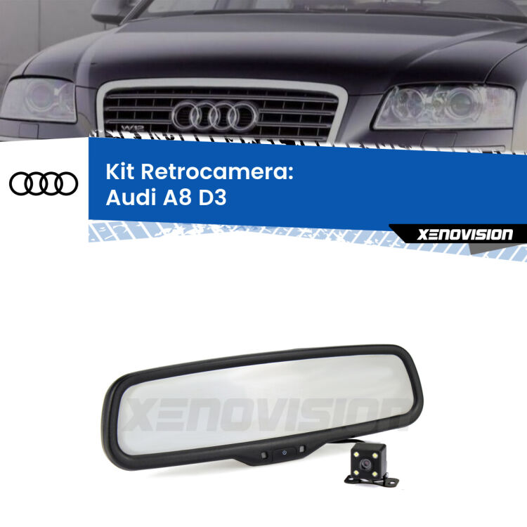 Telecamera e Specchio retrovisore OEM Look con display invisibile per Audi A8 D3 Kit Telecamera Parcheggio e Specchietto retrovisore con display invisibile per Audi A8 D3. Spento è identico all’originale. In retromarcia, l’immagine appare in un riquadro prima invisibile