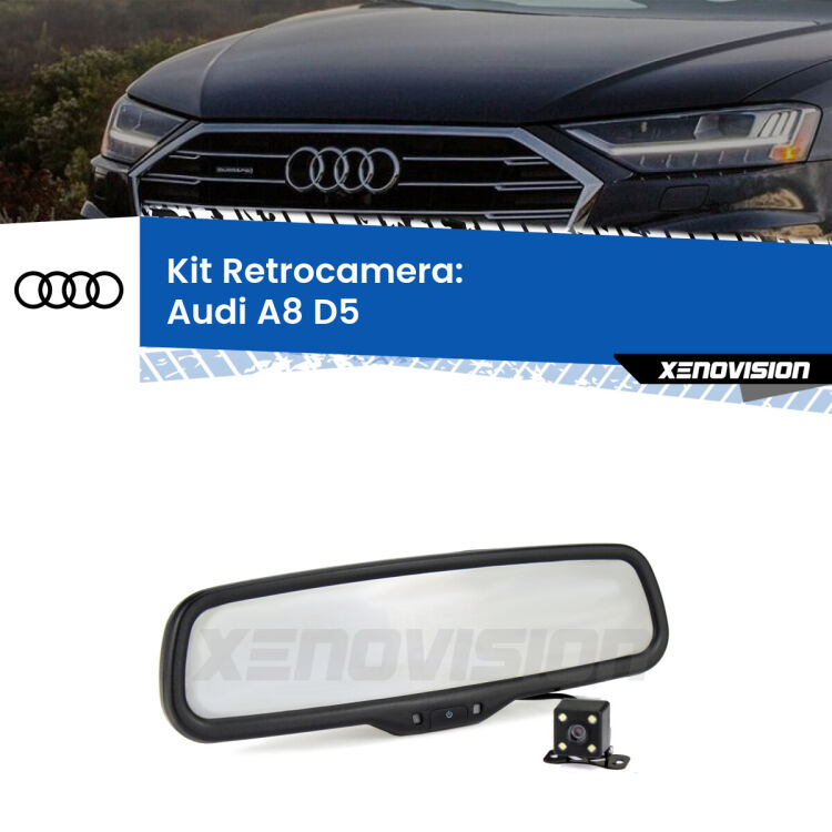 Telecamera e Specchio retrovisore OEM Look con display invisibile per Audi A8 D5 Kit Telecamera Parcheggio e Specchietto retrovisore con display invisibile per Audi A8 D5. Spento è identico all’originale. In retromarcia, l’immagine appare in un riquadro prima invisibile