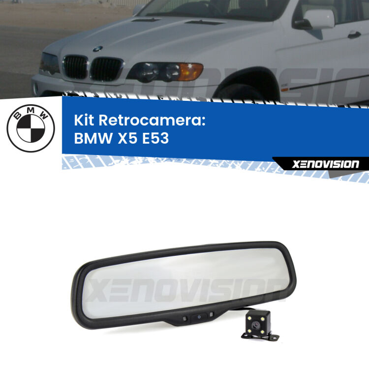 Telecamera e Specchio retrovisore OEM Look con display invisibile per BMW X5 E53 Kit Telecamera Parcheggio e Specchietto retrovisore con display invisibile per BMW X5 E53. Spento è identico all’originale. In retromarcia, l’immagine appare in un riquadro prima invisibile