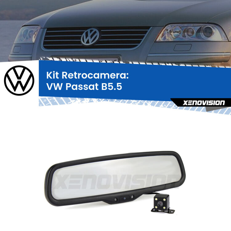 Telecamera e Specchio retrovisore OEM Look con display invisibile per VW Passat B5.5 Kit Telecamera Parcheggio e Specchietto retrovisore con display invisibile per VW Passat B5.5. Spento è identico all’originale. In retromarcia, l’immagine appare in un riquadro prima invisibile