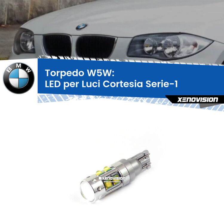 0 Torpedo W5W: LED per Luci Cortesia Serie-1 (E87) 2003 -2012 <p><span style="color: #626262;">15.0x volte più luce. </span><span style="color: #626262;">Lampadina Led per luci cortesia BMW Serie-1 con 10 chip Led CREE da 5W ciascuno. lluminazione poderosa a 360 gradi, luminosità incredibile. Qualità Massima Garantita.</span></p>