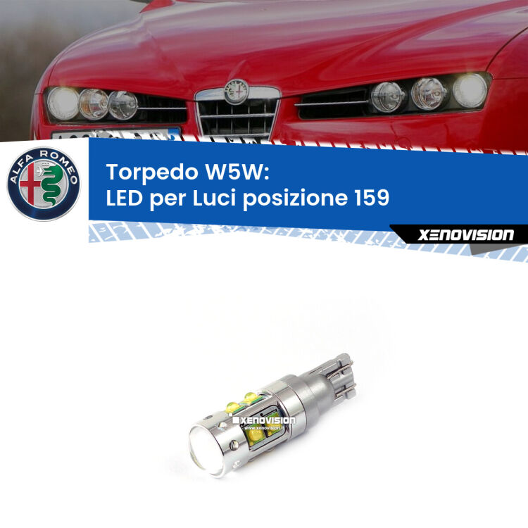 0 Torpedo W5W: LED per Luci posizione 159 (939) 2005 -2012 <p><span style="color: #626262;">15.0x volte più luce. </span><span style="color: #626262;">Lampadina Led per luci posizione Alfa romeo 159 con 10 chip Led CREE da 5W ciascuno. lluminazione poderosa a 360 gradi, luminosità incredibile. Qualità Massima Garantita.</span></p>