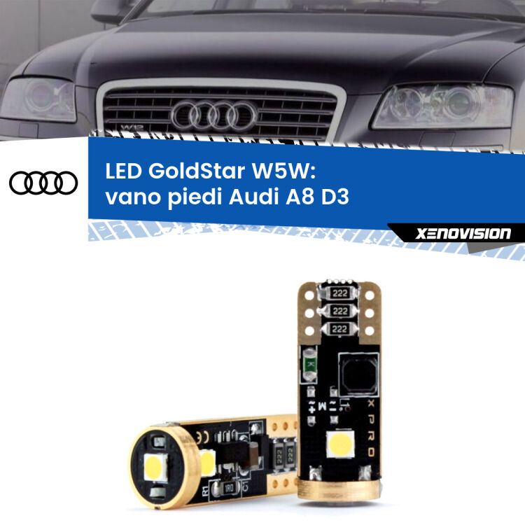 0 Vano Piedi LED Audi A8 D3 2002 - 2009: T10 GoldStar <strong>Vano Piedi LED Audi A8</strong> D3 2002 - 2009: ottima luminosità a 360 gradi. Si inseriscono ovunque. Canbus, Top Quality.