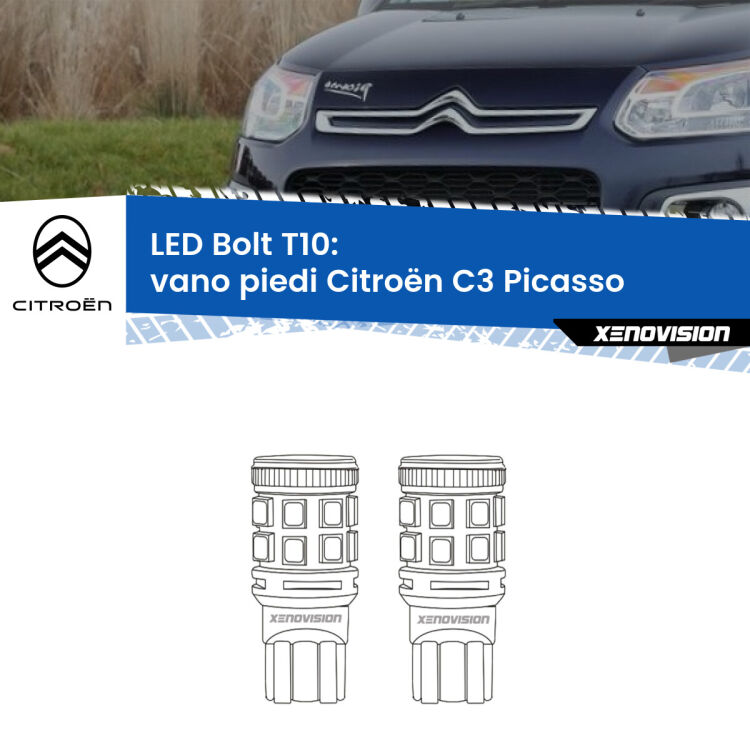 0 Vano Piedi LED Citroën C3 Picasso 2009 - 2016: T10 Bolt <strong>Vano Piedi LED per Citroën C3 Picasso</strong> 2009 - 2016. Coppia lampade <strong>T10</strong> modello Bolt canbus.
