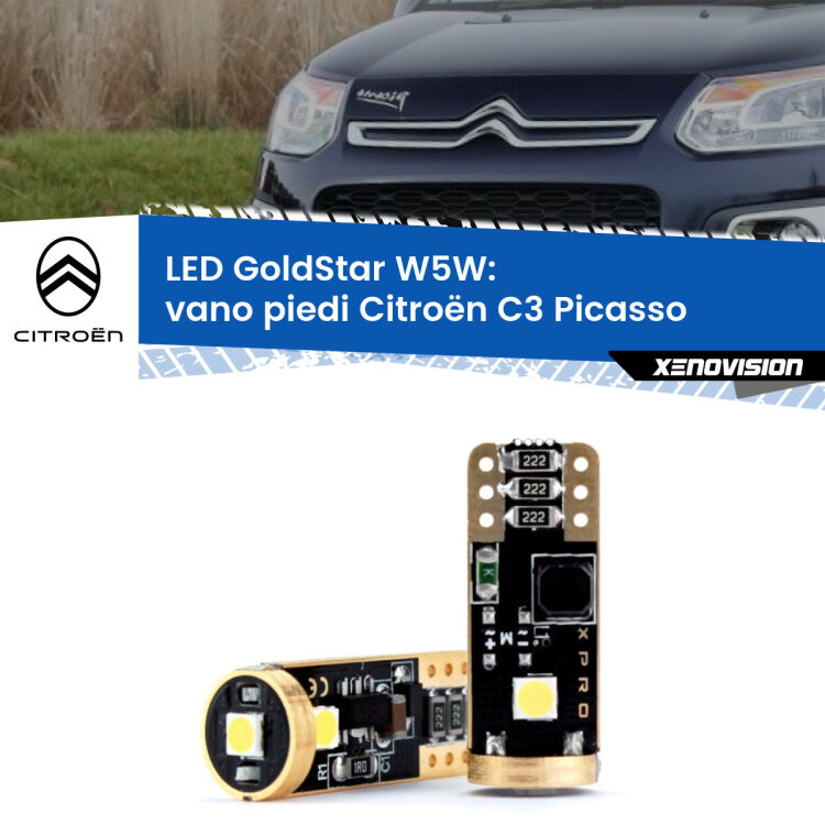 0 Vano Piedi LED Citroën C3 Picasso 2009 - 2016: T10 GoldStar <strong>Vano Piedi LED Citroën C3 Picasso</strong> 2009 - 2016: ottima luminosità a 360 gradi. Si inseriscono ovunque. Canbus, Top Quality.