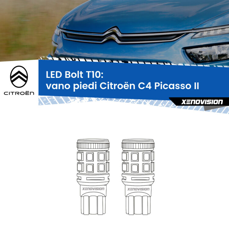 0 Vano Piedi LED Citroën C4 Picasso II 2013 in poi: T10 Bolt <strong>Vano Piedi LED per Citroën C4 Picasso</strong> II 2013 in poi. Coppia lampade <strong>T10</strong> modello Bolt canbus.