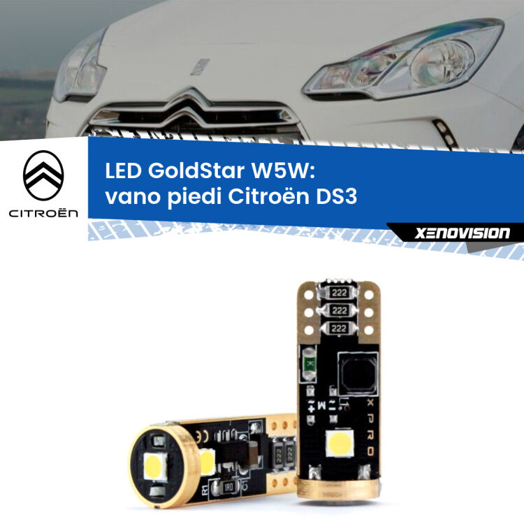 0 Vano Piedi LED Citroën DS3 2009 - 2015: T10 GoldStar <strong>Vano Piedi LED Citroën DS3</strong> 2009 - 2015: ottima luminosità a 360 gradi. Si inseriscono ovunque. Canbus, Top Quality.