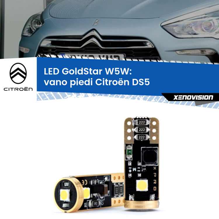 0 Vano Piedi LED Citroën DS5 2011 - 2015: T10 GoldStar <strong>Vano Piedi LED Citroën DS5</strong> 2011 - 2015: ottima luminosità a 360 gradi. Si inseriscono ovunque. Canbus, Top Quality.