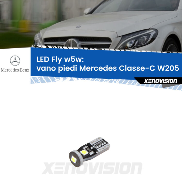 <strong>vano piedi LED per Mercedes Classe-C</strong> W205 2013 - 2018. Coppia lampadine <strong>w5w</strong> Canbus compatte modello Fly Xenovision.