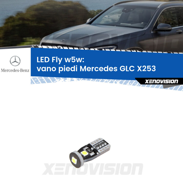 <strong>vano piedi LED per Mercedes GLC</strong> X253 2015 - 2019. Coppia lampadine <strong>w5w</strong> Canbus compatte modello Fly Xenovision.