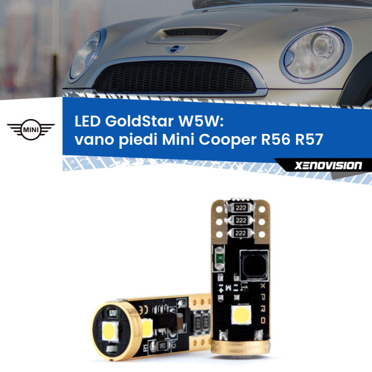 0 Vano Piedi LED Mini Cooper R56 R57 2006 - 2013: T10 GoldStar <strong>Vano Piedi LED Mini Cooper</strong> R56 R57 2006 - 2013: ottima luminosità a 360 gradi. Si inseriscono ovunque. Canbus, Top Quality.