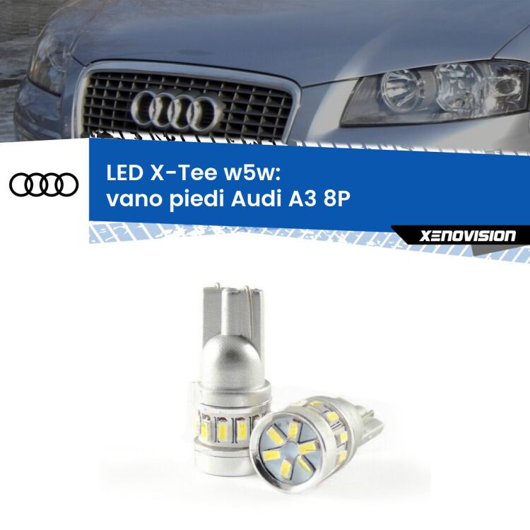 0 Vano Piedi LED per Audi A3 8P 2003 - 2012: W5W X-Tee <strong>LED vano piedi per Audi A3</strong> 8P 2003 - 2012. Lampade <strong>W5W</strong> modello X-Tee Xenovision top di gamma.