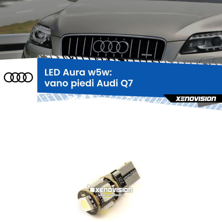 0 Vano Piedi LED per Audi Q7 2006 - 2015: Aura w5w <strong>LED vano piedi w5w per Audi Q7</strong> 2006 - 2015. Una lampadina <strong>w5w</strong> canbus luce bianca 6000k modello Aura Xenovision.